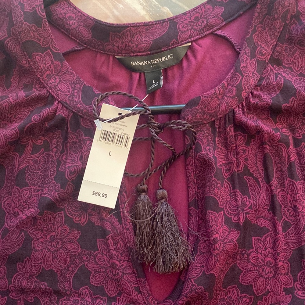 Banana Republic wine & black dress w keyhole neck & fringe tie L NWT PTP 23 - Picture 12 of 16
